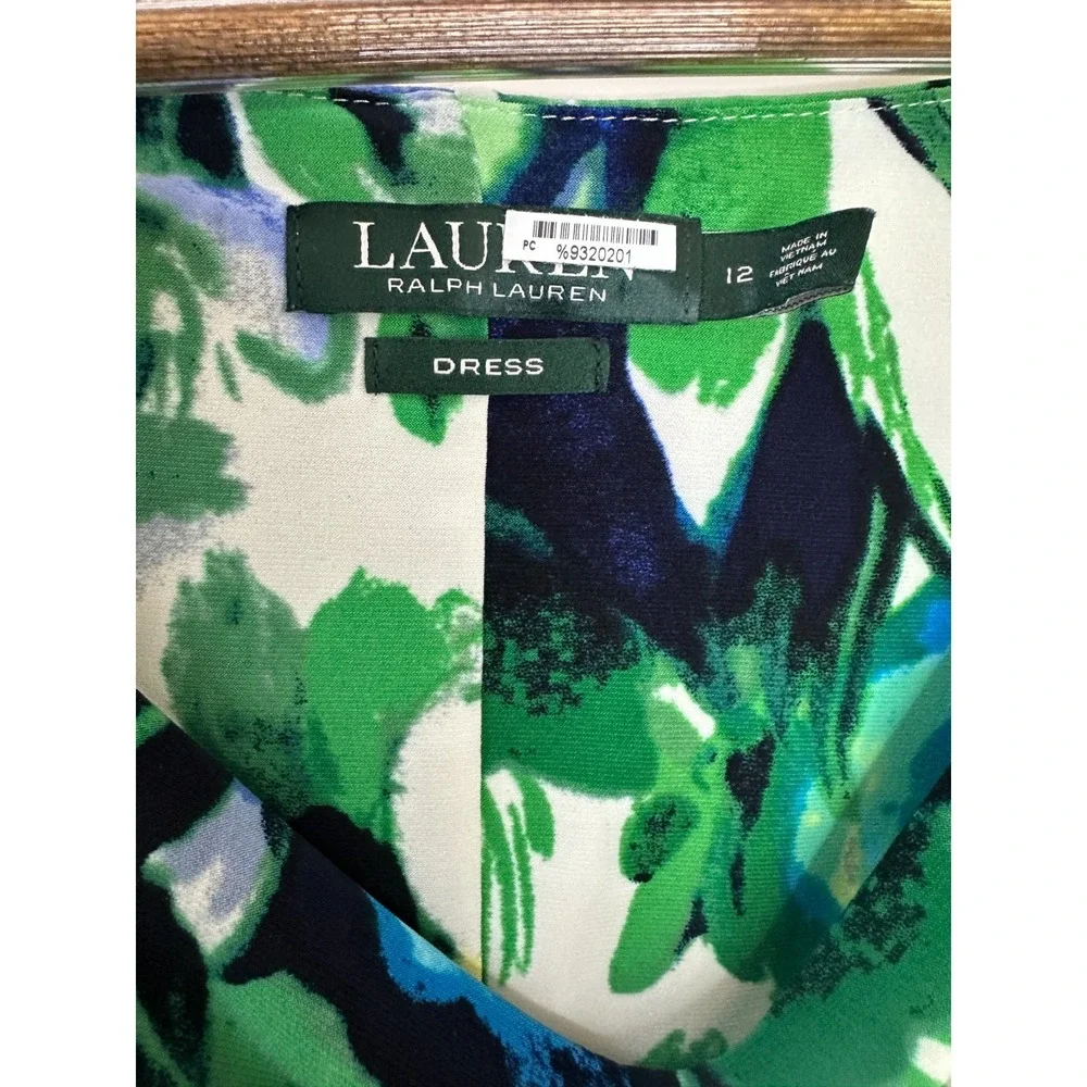 Lauren Ralph Lauren Blue Green Floral Cowl Neck Ruched Sheath Dress Size 12 - Picture 10 of 12